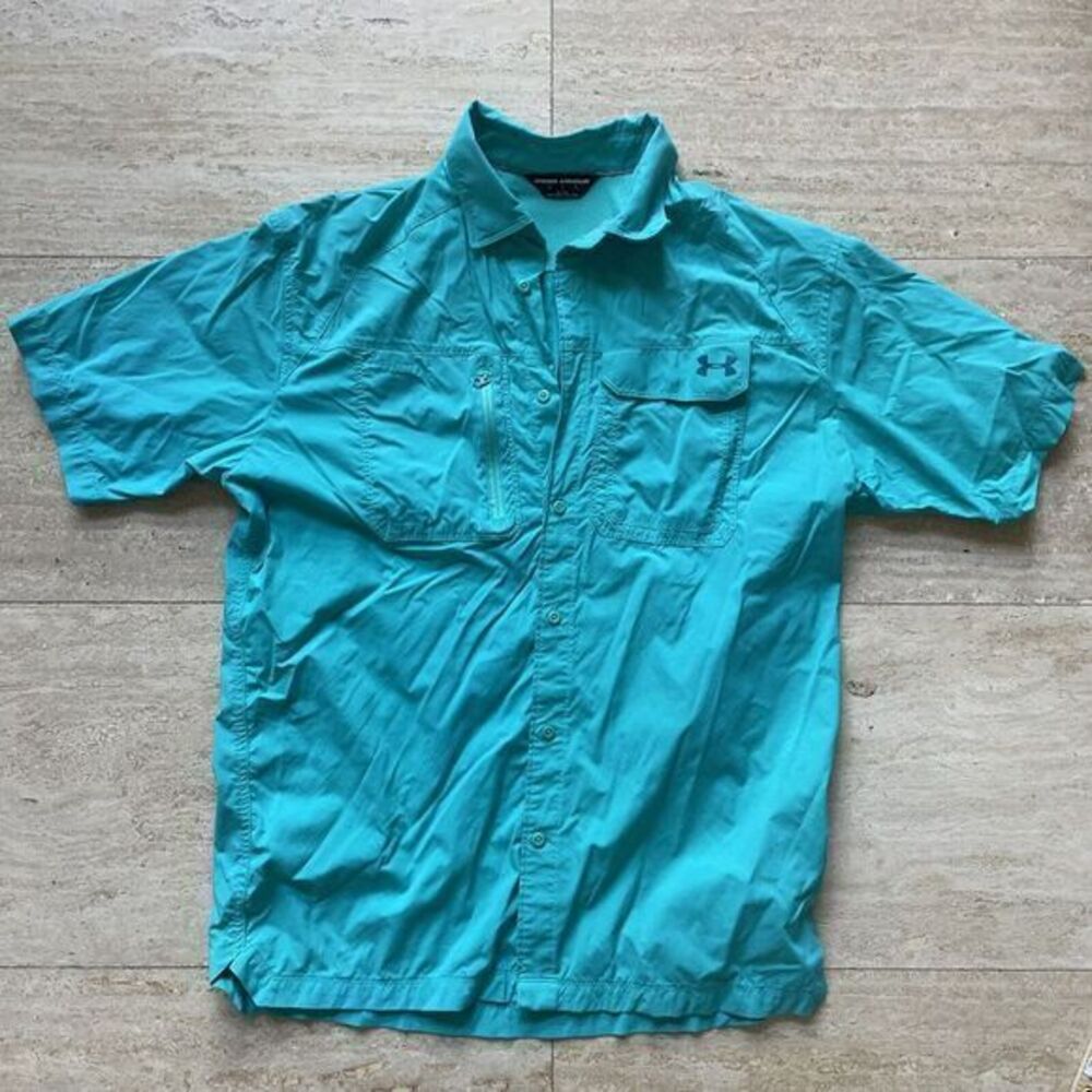 Under Armour Mens L Green Solid Polyester Short Sleeve Button Front Vented Shirt